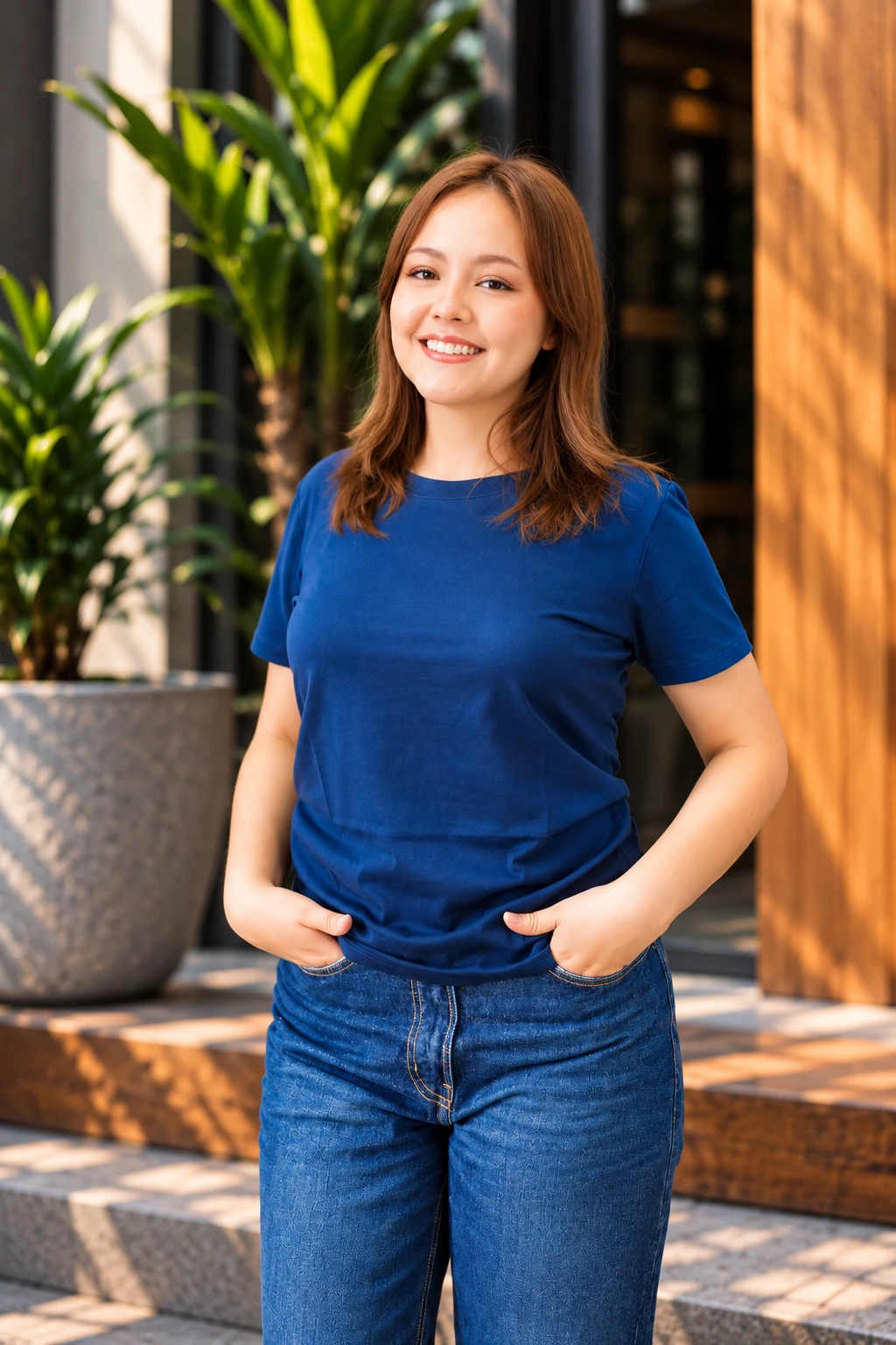 Modelo sonriente con polo básico azul marino de dama y jean