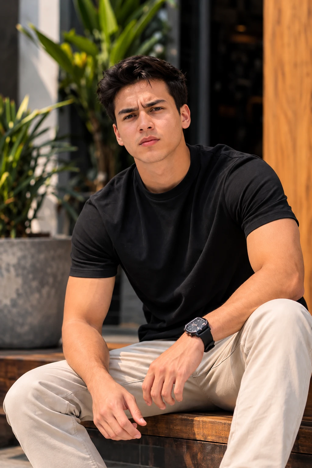 Modelo sentado con polo básico negro y pantalón beige